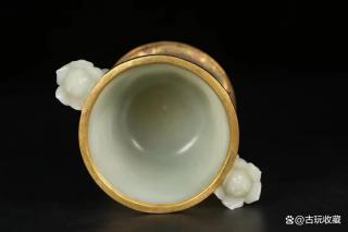 清代 和田玉包金镶宝双莲花耳盖罐「旧藏」高13.3cm耳距15.1cm